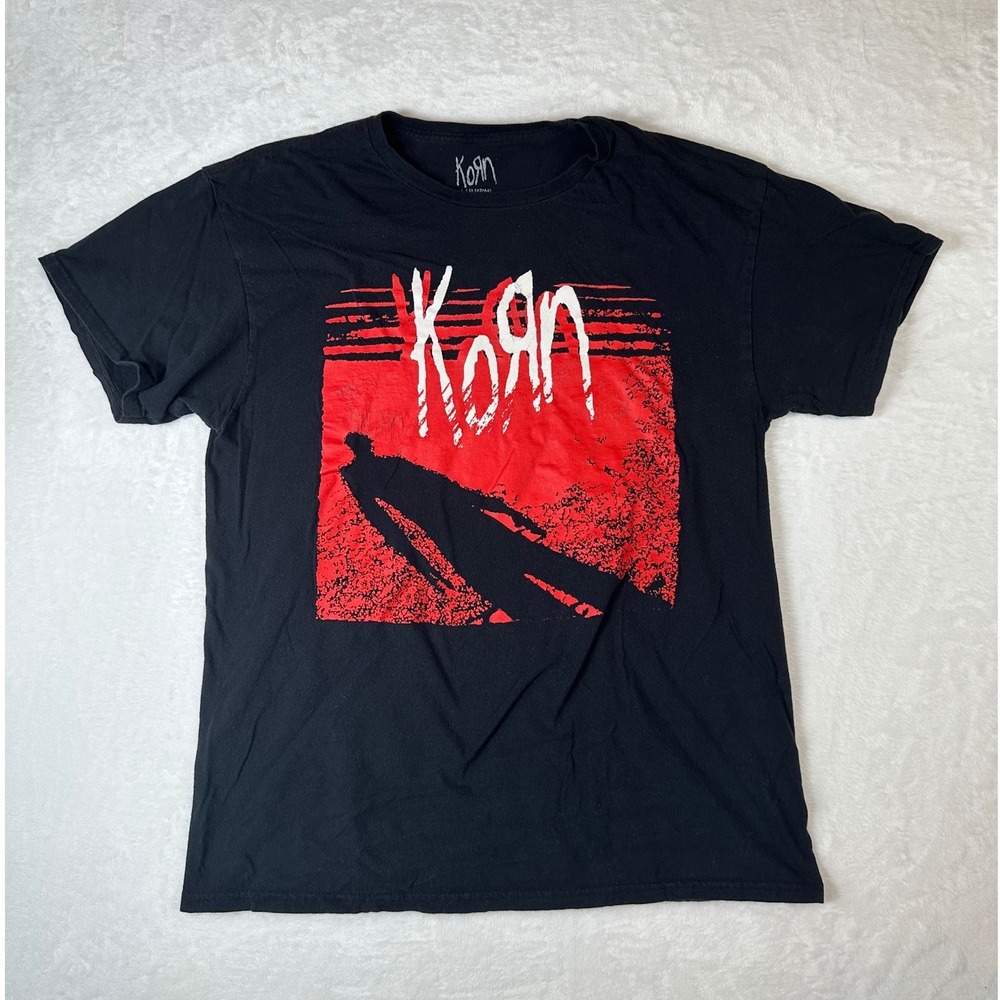Korn Band Graphic T-Shirt Mens Large Black Red Shadow Logo Short Sleeve Tee